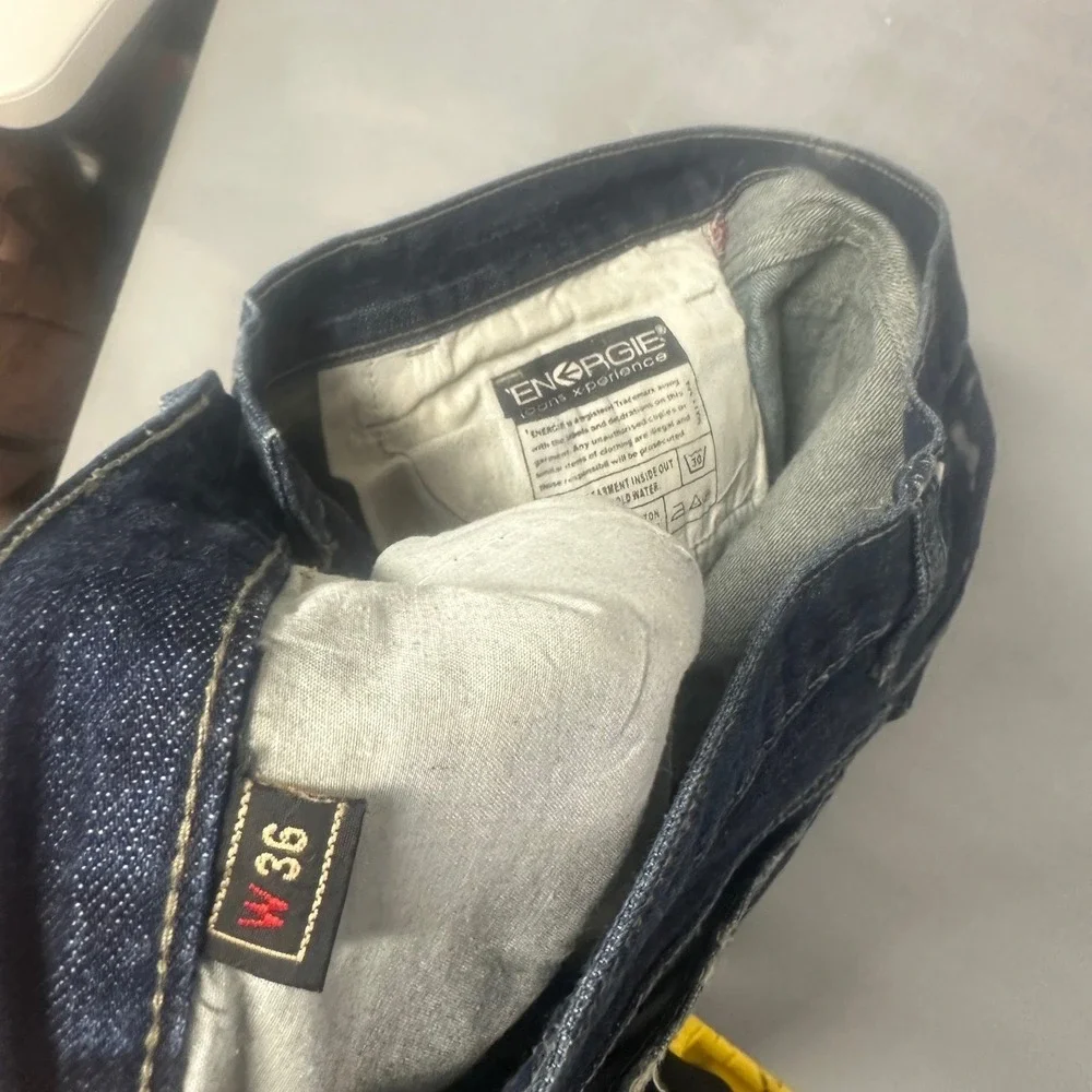 ENERGIE Men's Blue Denim Jeans Graphic Print Distressed Size 36‎